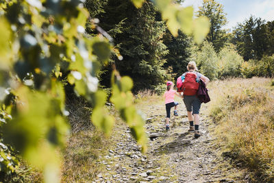 Mother with little girl hiking in mountains, actively spending summer time together