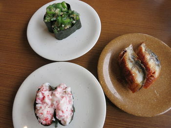 High angle view of breakfast served on table