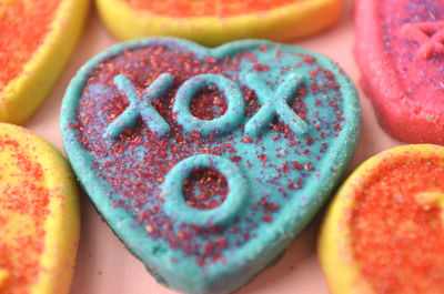 Close up of heart shape cookie for valentine's day xox letter symbols mean hugs and kisses