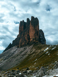 Low angle view of rock formation against cloudy sky