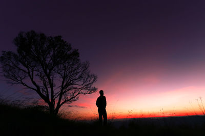 Silhouette person standing on field against sky during sunset