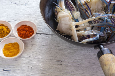 High angle view of spices in bowl on table