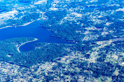 High angle view of landscape and sea