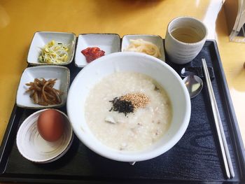 High angle view of breakfast on table