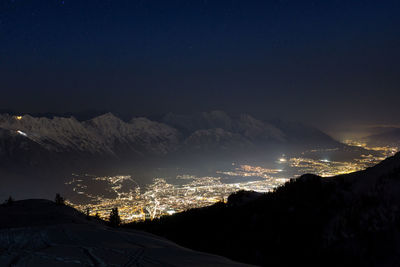 Scenic view of snowcapped mountains against sky at night