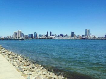 Cityscape against clear blue sky