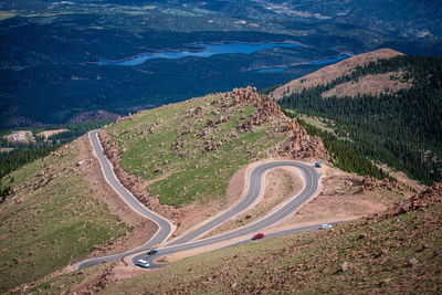High angle view of winding road on mountain