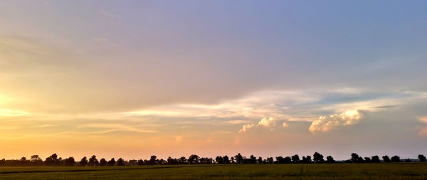 Panoramic view of agricultural field against sky during sunset