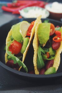 High angle view of salad in pan on table