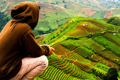 Rear view of man walking in farm