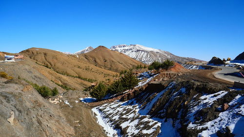 Scenic view of snowcapped mountains against clear blue sky