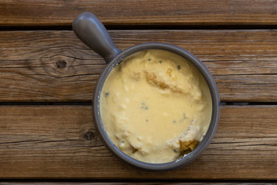 High angle view of soup in bowl on table
