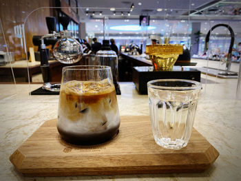 Close-up of beer in glass on table