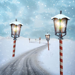 Street light on snow covered road