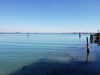 Scenic view of sea against clear blue sky