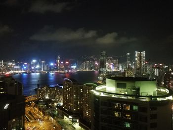 Illuminated cityscape against cloudy sky