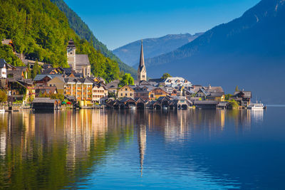 Scenic view of lake by buildings against sky