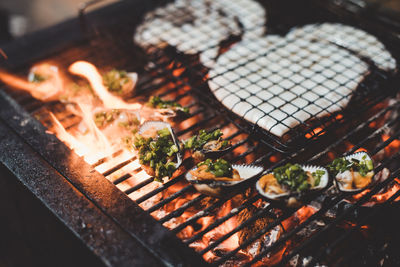 High angle view of food on barbecue grill