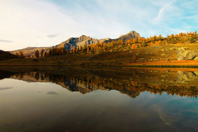 Reflection of mountain in lake against sky