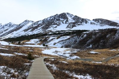 Scenic view of snowcapped mountains against sky