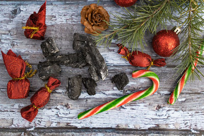 High angle view of christmas decorations on table