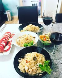 High angle view of food served on table