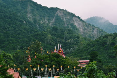 Trees by mountains against sky