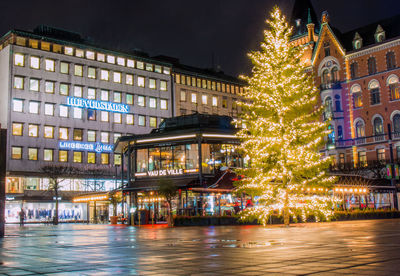 View of building lit up at night
