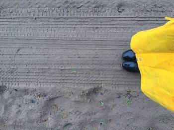 Low section of woman standing on sand