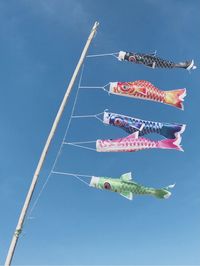 Low angle view of kites flying against blue sky