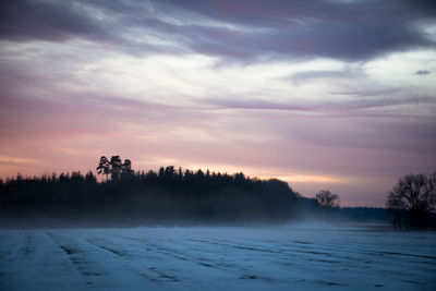 Silhouette trees on snow covered landscape against sky