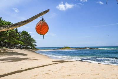 Clothes hanging on beach against sky