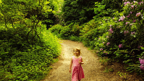 Portrait of woman standing by plants in forest