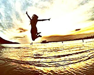 sky, bird, water, sunset, mid-air, full length, silhouette, sea, jumping, flying, cloud - sky, animals in the wild, animal themes, lifestyles, leisure activity, nature, wildlife, scenics