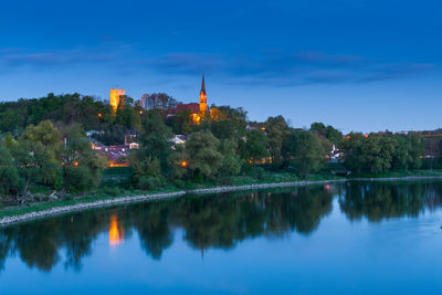 Reflection of trees and buildings in lake