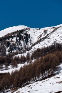 Scenic view of snow covered mountains against clear sky