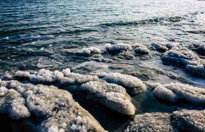 High angle view of rocks on beach