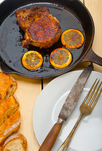 High angle view of food in plate on table