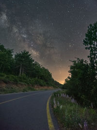 Road amidst trees against sky at night
