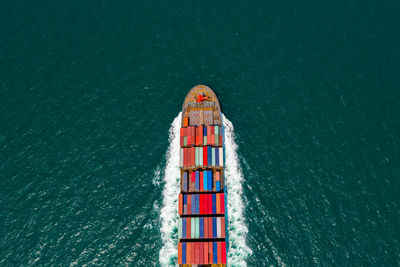 High angle view of red boat in sea