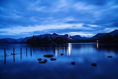 Scenic view of lake against sky at dusk