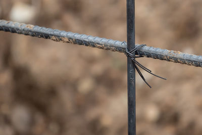 Close-up of barbed wire tied up to fence