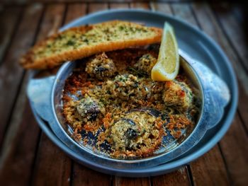 High angle view of food in plate on table