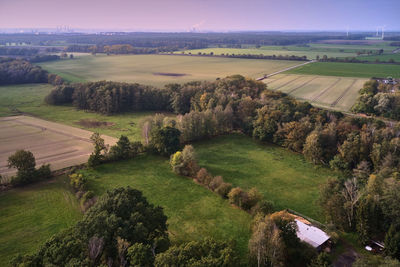 High angle view of agricultural field against sky, aerial view