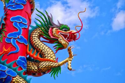 Low angle view of dragon statue against blue sky