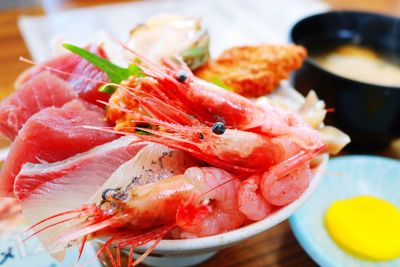 High angle view of seafood in bowl on table