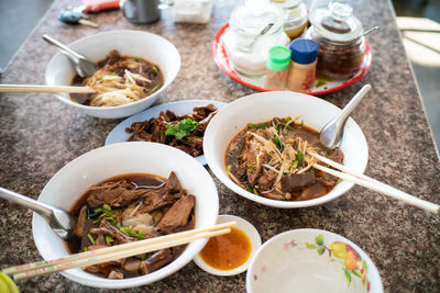 High angle view of food served on table