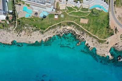 Aerial view of resort by beach