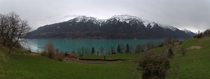 Panoramic view of lake and mountains against sky