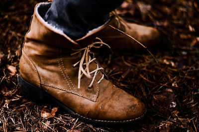 High angle view of shoes on field